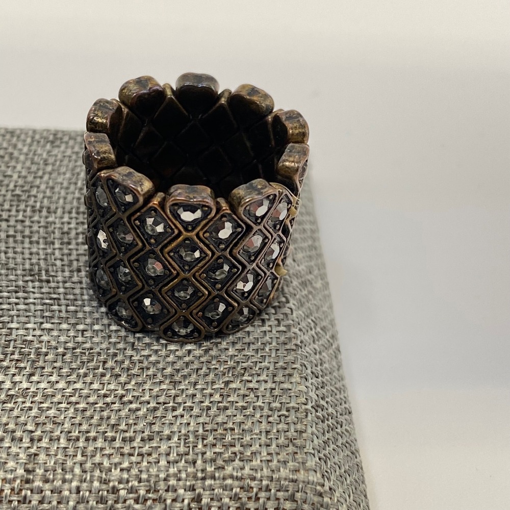 Vintage Stretch Band Ring Bronze Metal Art Deco Gray Rhinestone Size 7